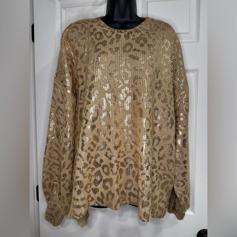 Tan oversized sweater with gold leopard print